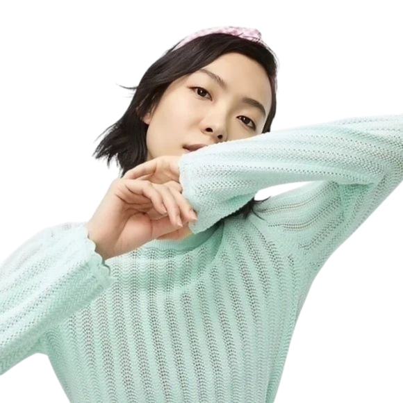 J. Crew Pointelle Ruffle Mockneck Sweater Women's Med Fairy Coquette Mint Green - Picture 7 of 16